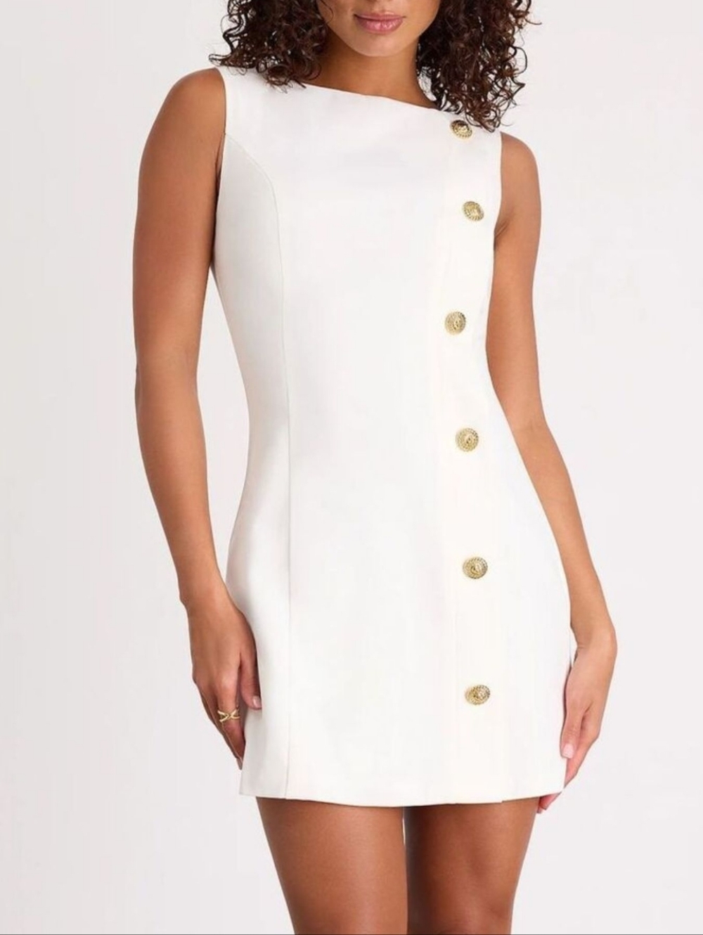 Sleeveless White Shift Dress with Gold Buttons